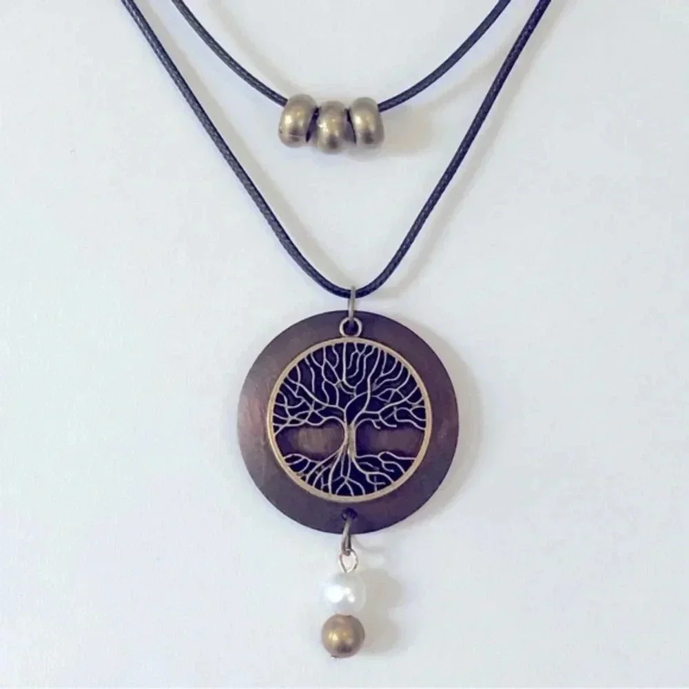 Tree of Life Necklace Double Strand Wood Waxed Cord NWT